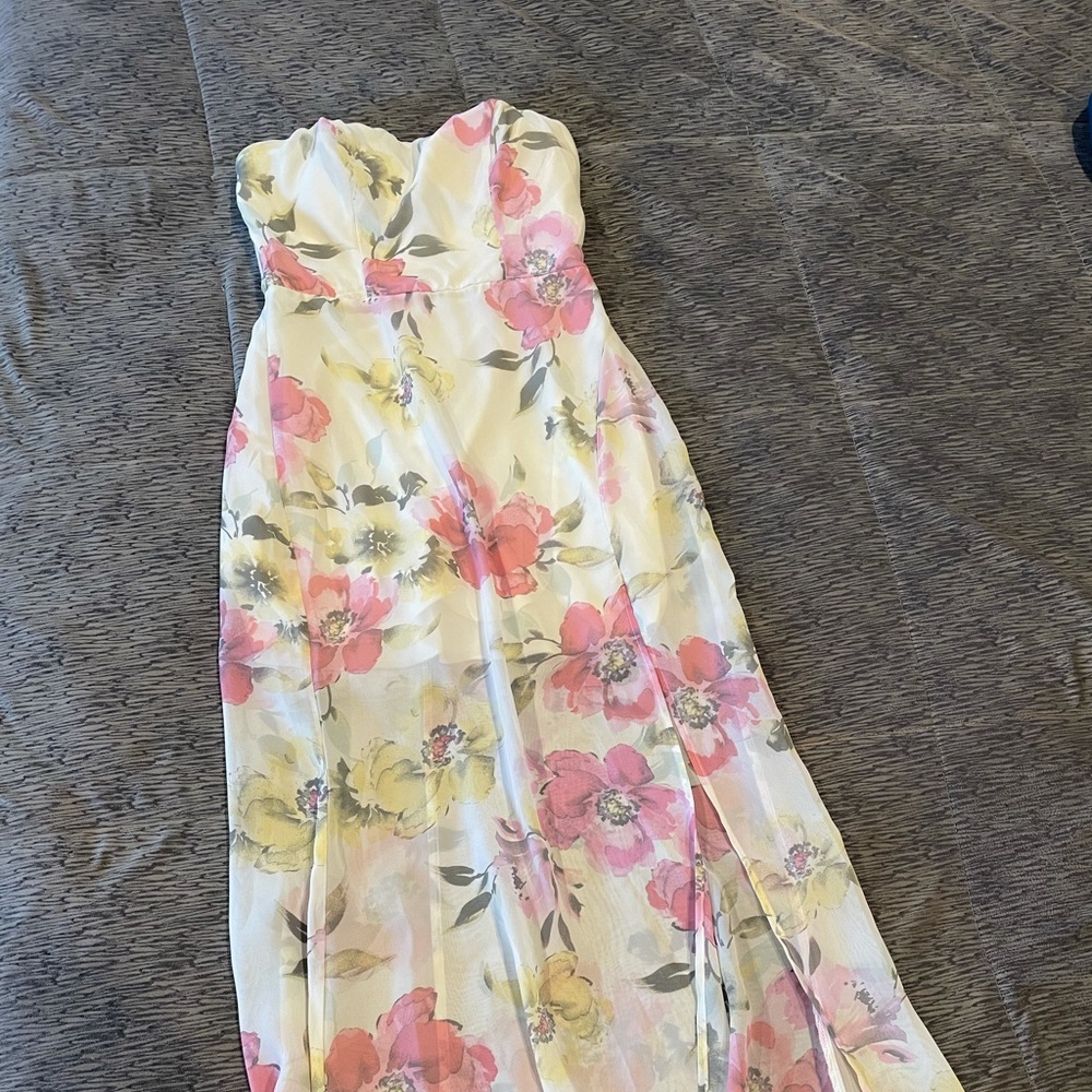 Strapless floral dress.